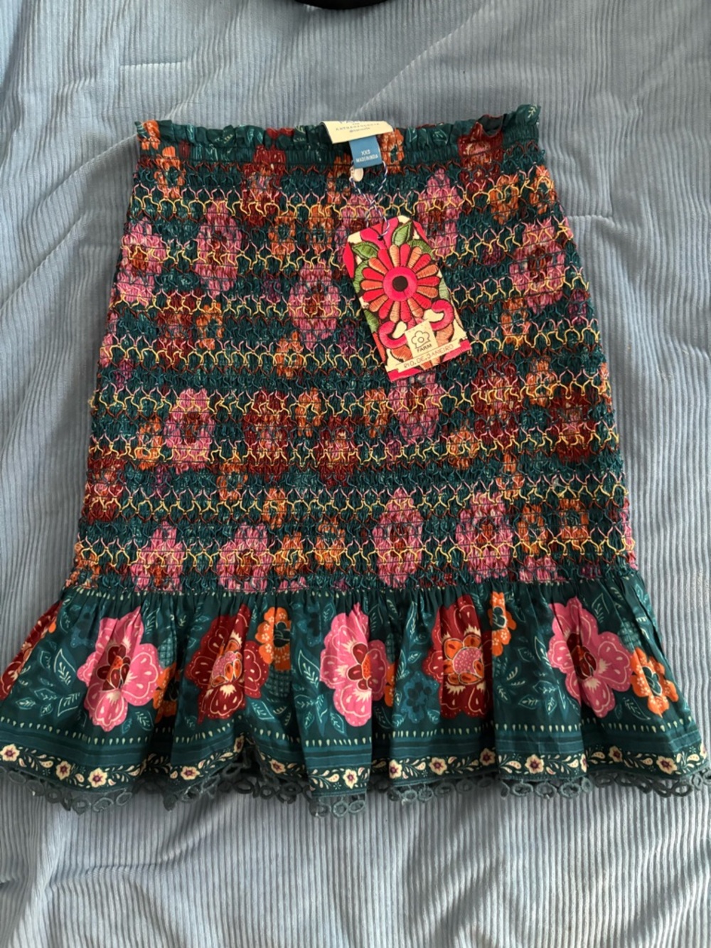 Anthropologie Teal Floral Smocked Mini Skirt - Picture 2 of 4